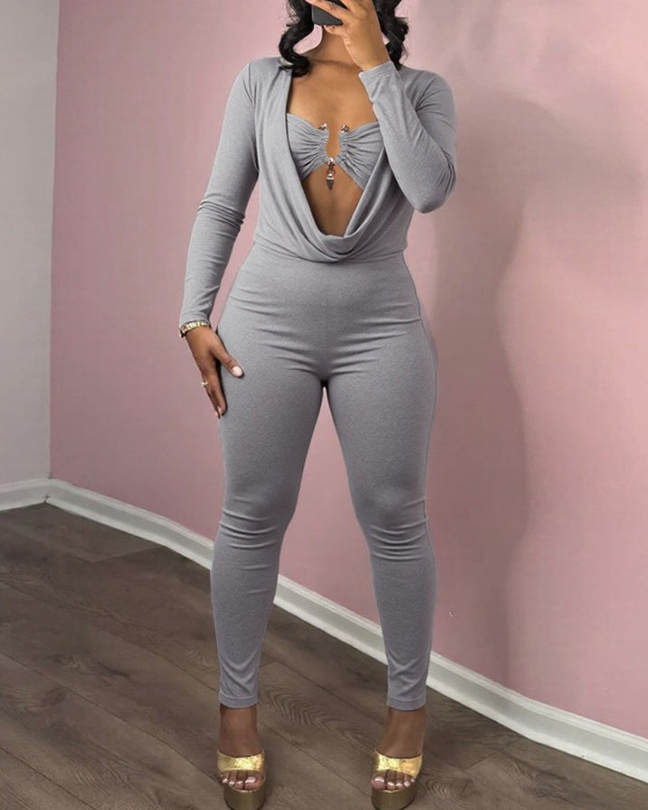 Draped Neck Slimming Long-Sleeved Jumpsuit