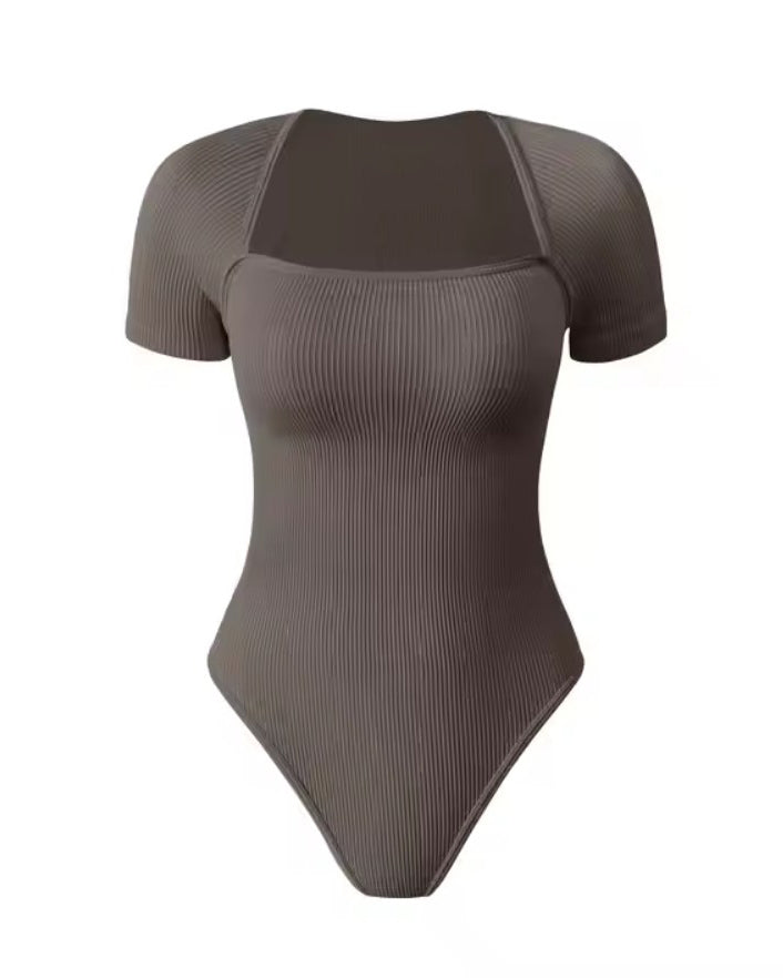 Square Neck Short Sleeve Ribbed Thong Bodysuit