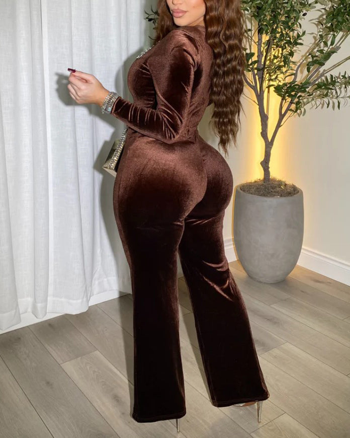 Rhinestone-Trimmed Long-Sleeved Bodycon Jumpsuit
