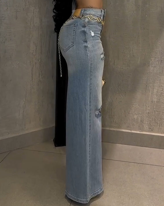 High-Stretch Ripped Wide-Leg Jeans