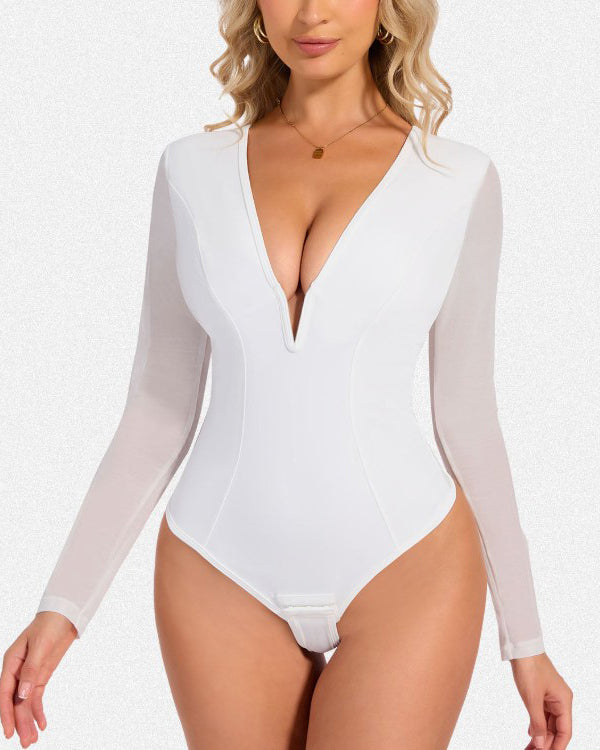 V-Neck Mesh Long-Sleeved Shapewear Thong Bodysuit