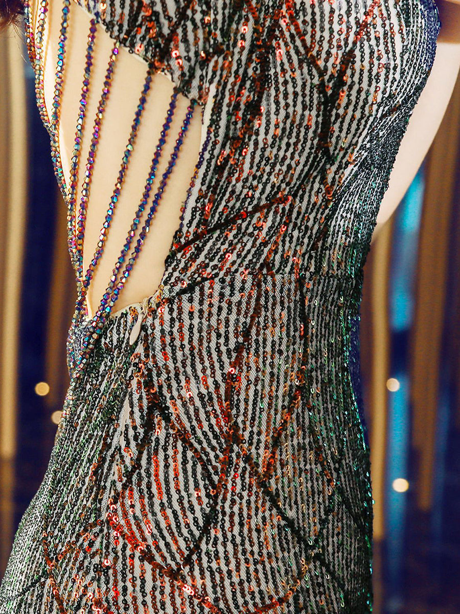 Sequin V-Neck Sleeveless High Slit Evening Gown