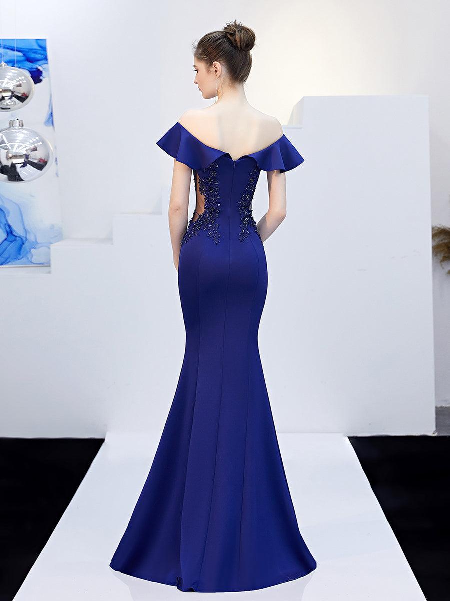 Off Shoulder Embroidery Ruffled Evening Dress