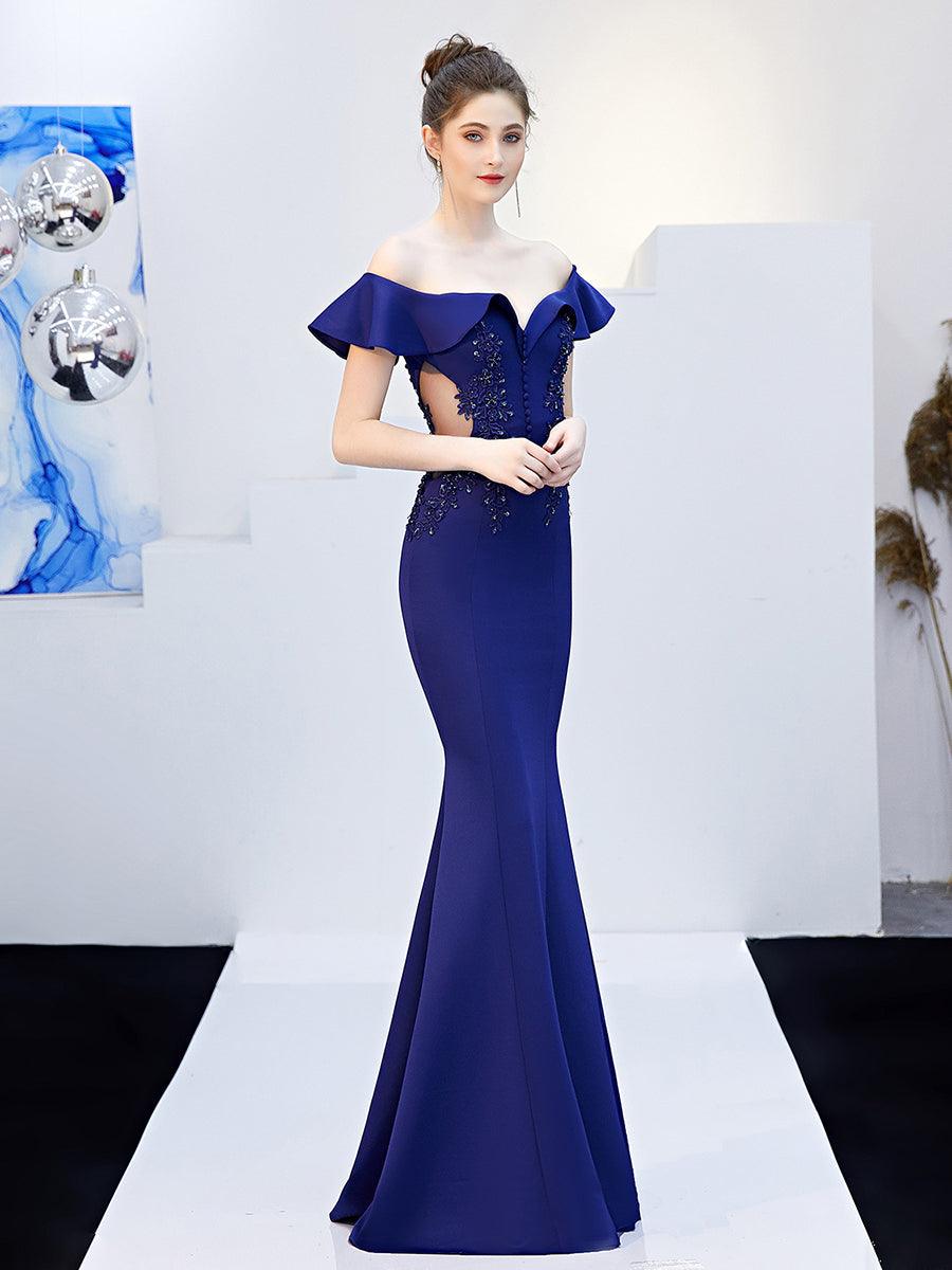 Off Shoulder Embroidery Ruffled Evening Dress