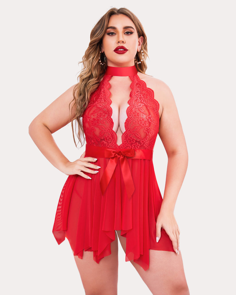 Plus Size FLace High Waist Teddy Babydoll