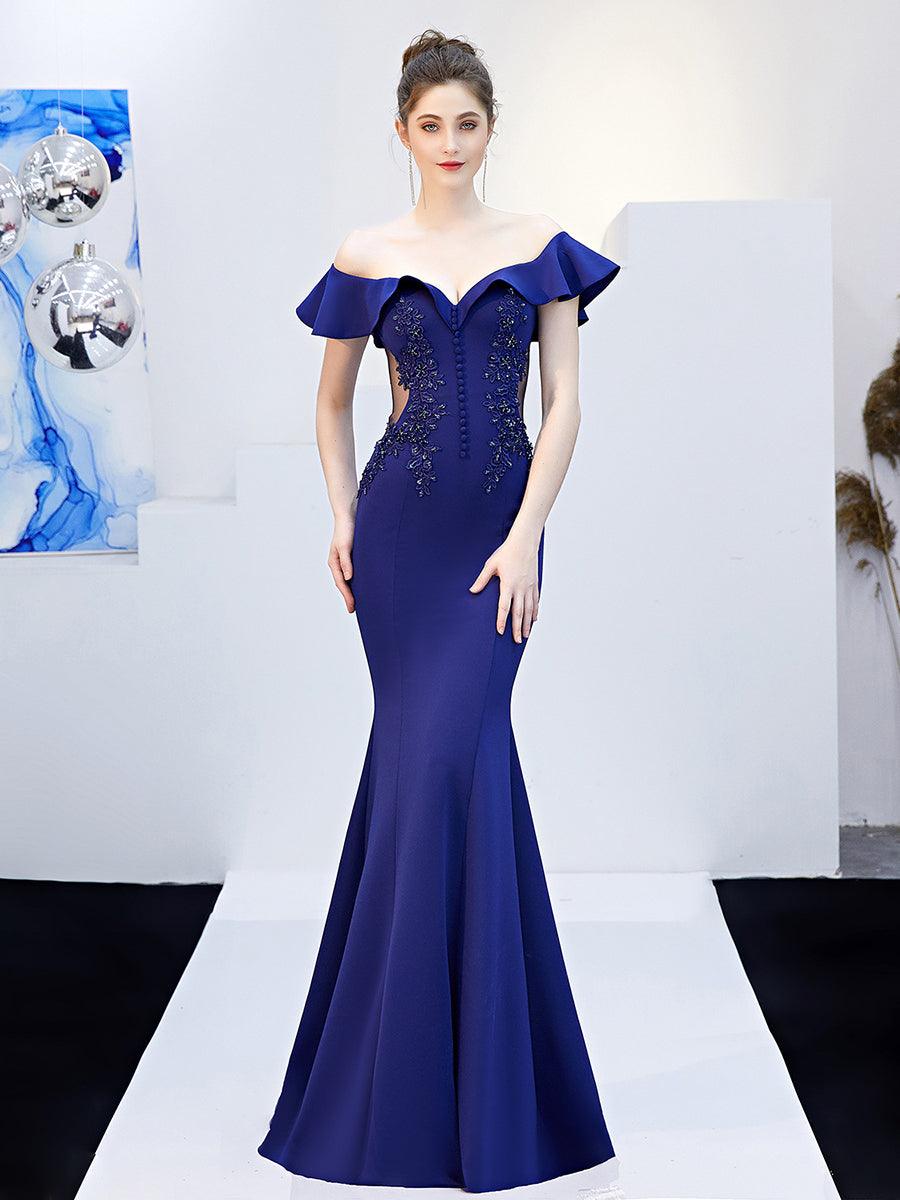 Off Shoulder Embroidery Ruffled Evening Dress