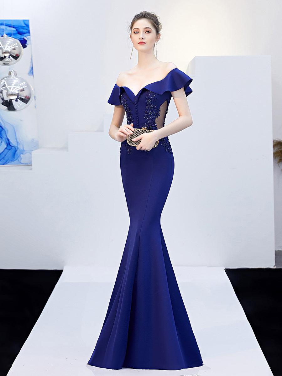 Off Shoulder Embroidery Ruffled Evening Dress