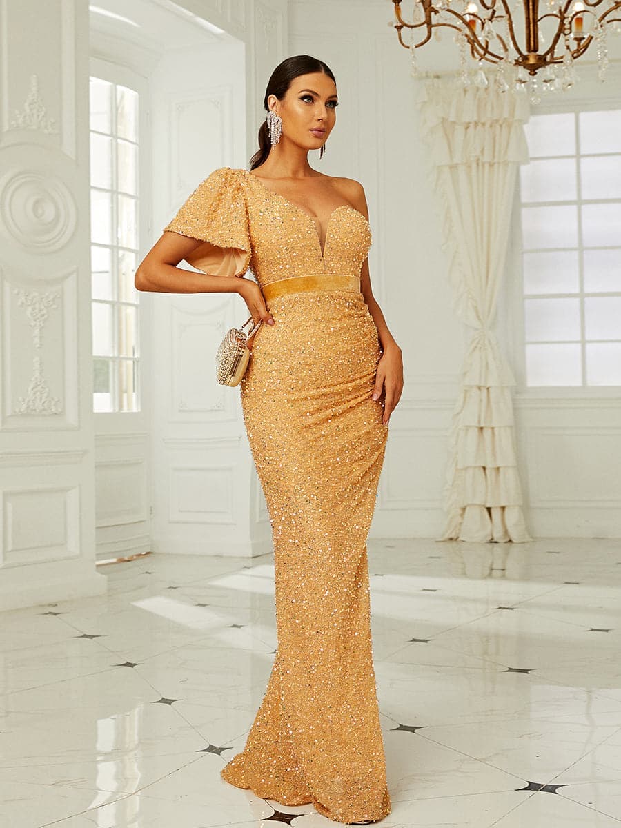 One Shoulder Mesh Panel Split Thigh Sequin Formal Dress