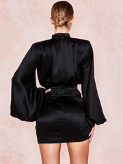 Stand Collar Ruched Ballon Sleeve Mini Dress
