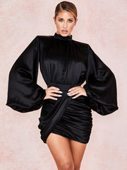 Stand Collar Ruched Ballon Sleeve Mini Dress