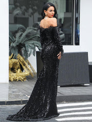 Off Shoulder Feather Sequin Evening Dress