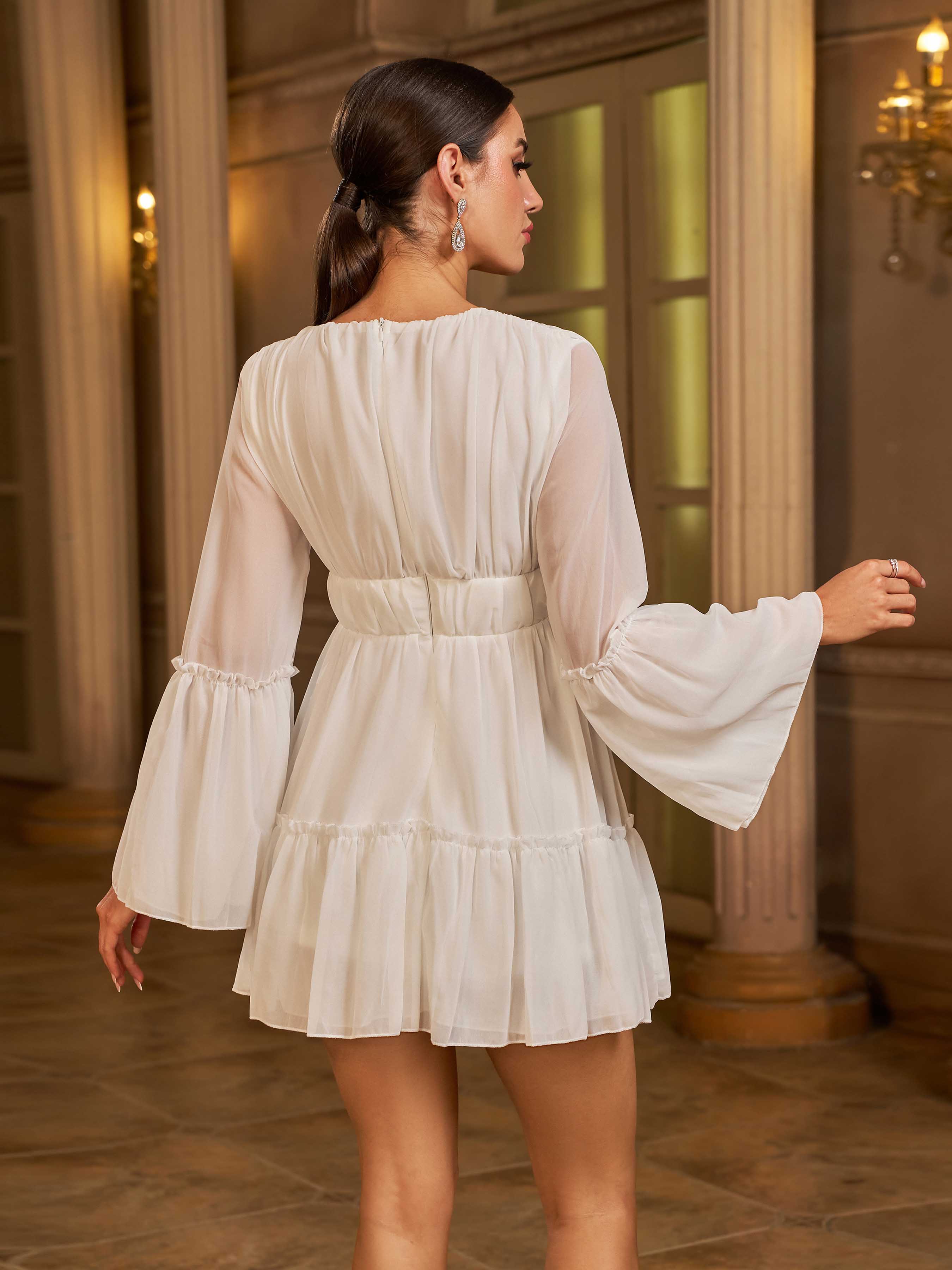 White V-neck Ruffle Hem Vacation Dress