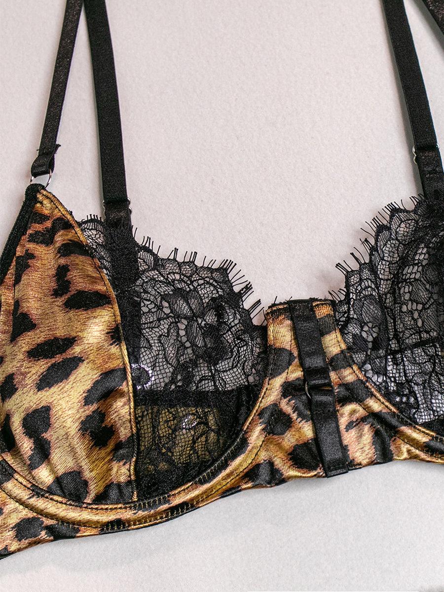 Stitched Leopard Print Sexy Lingerie 3 Piece Set