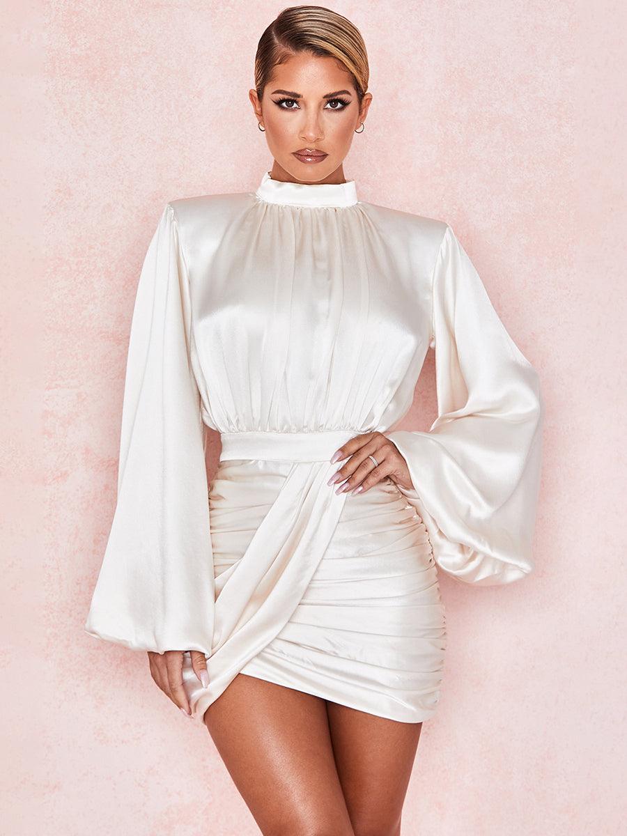 Stand Collar Ruched Ballon Sleeve Mini Dress
