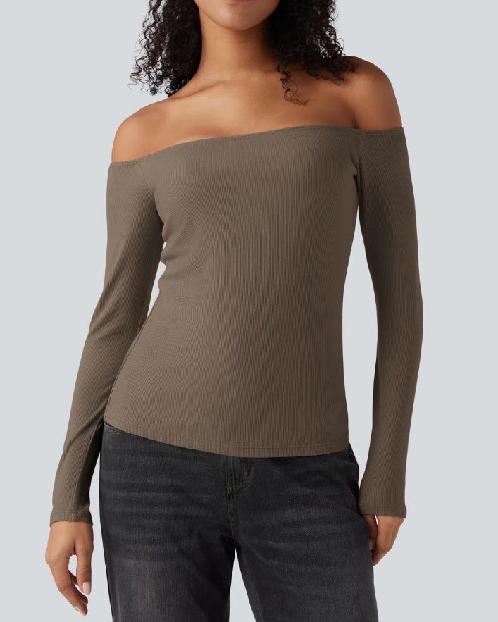 Off-Shoulder Built-In Bra Ribbed Knit Long-Sleeve Top