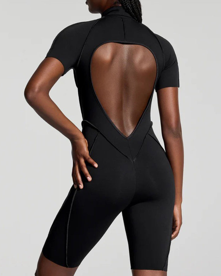 Short-Sleeved Zip-Up Striped Bodycon Jumpsuit