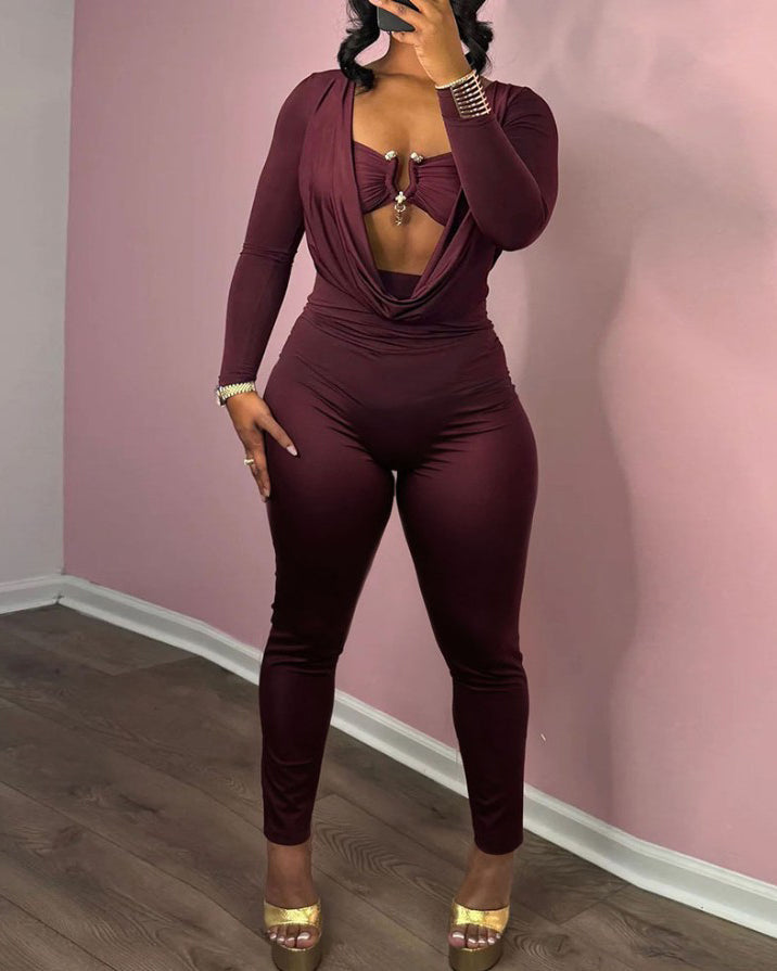 Draped Neck Slimming Long-Sleeved Jumpsuit