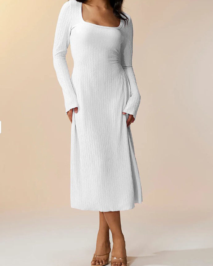 Knitted Ribbed Square Neck Long-Sleeved Tie Dress