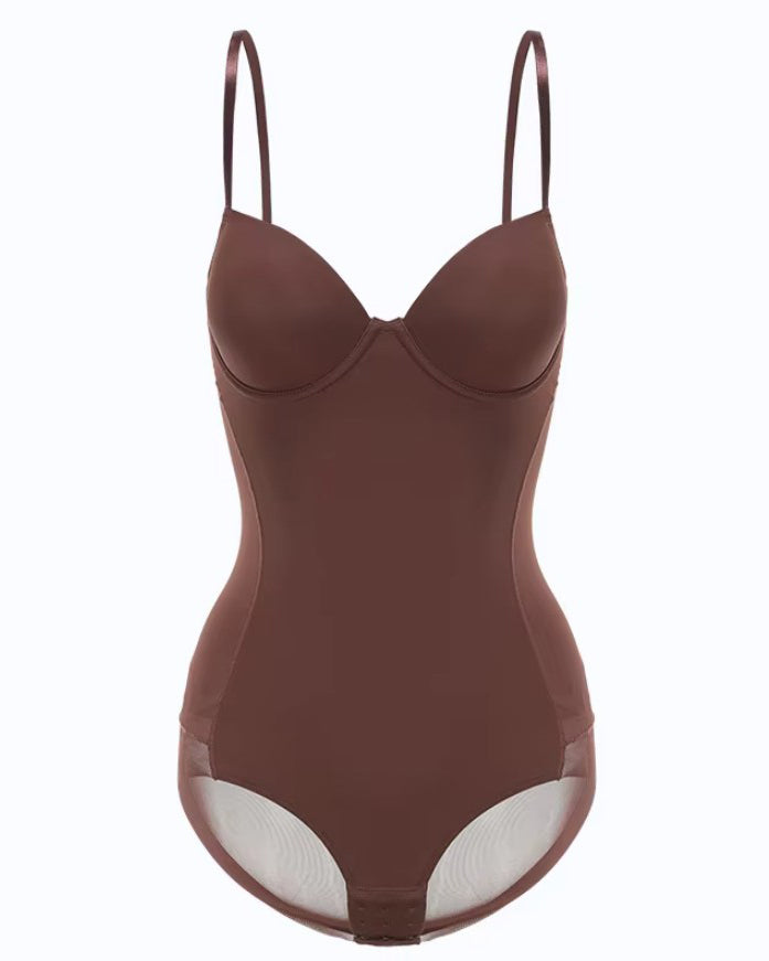 V-Neck Mesh Tummy Control Thong Shaping Bodysuit