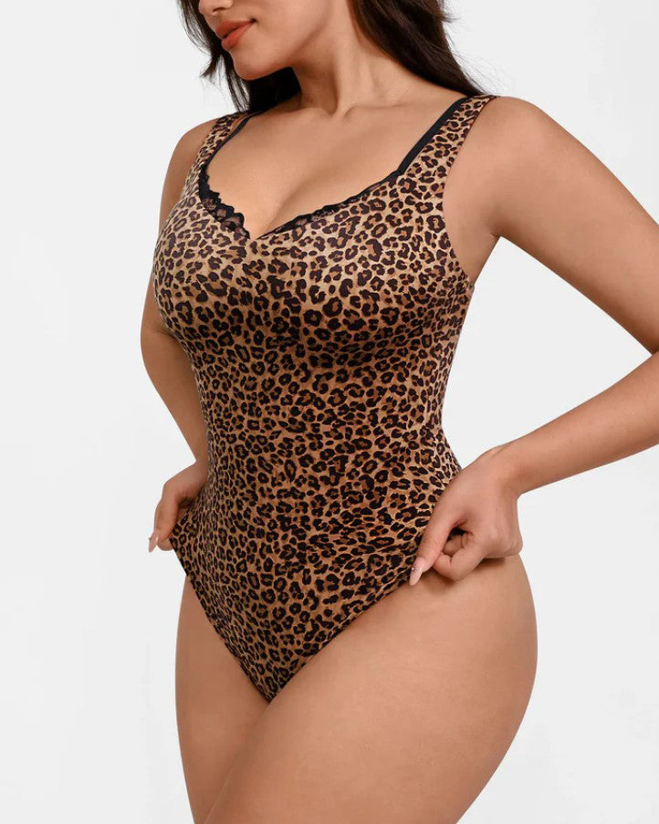 Lace-Trimmed Deep V Thong Slimming Bodysuit