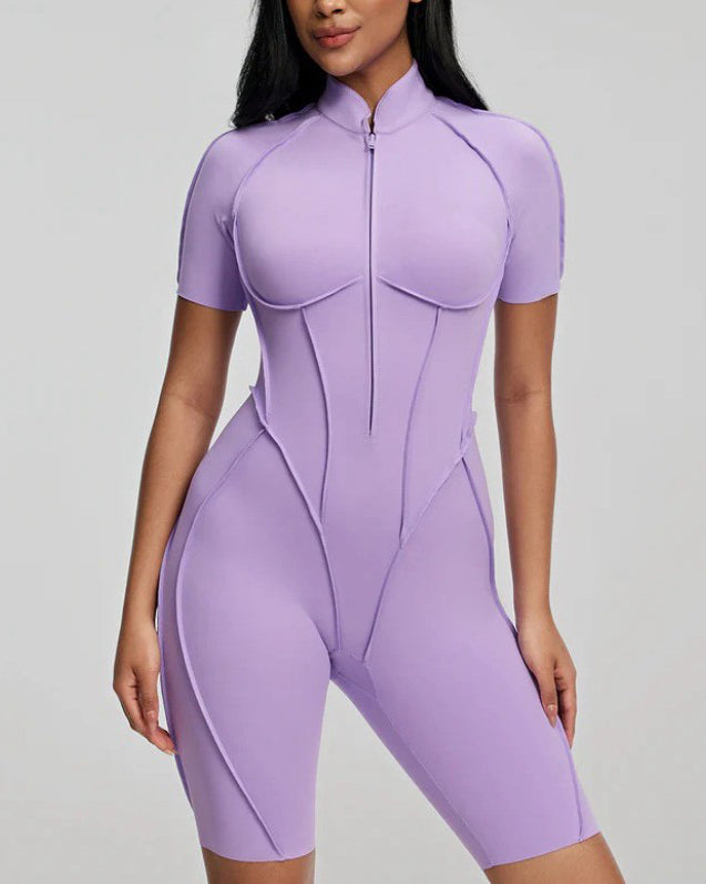 Short-Sleeved Zip-Up Striped Bodycon Jumpsuit