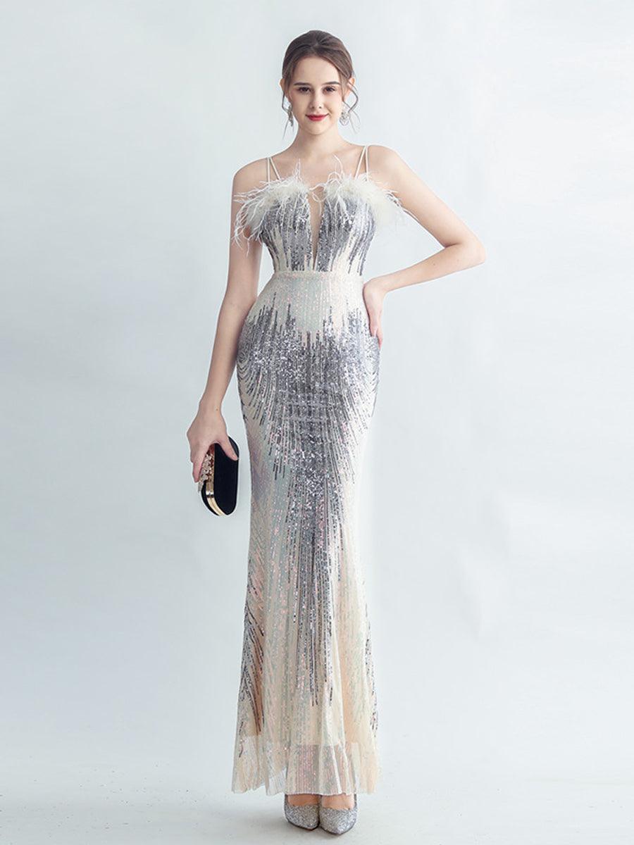 Spaghetti Straps Feather Gradient Sequin Dress