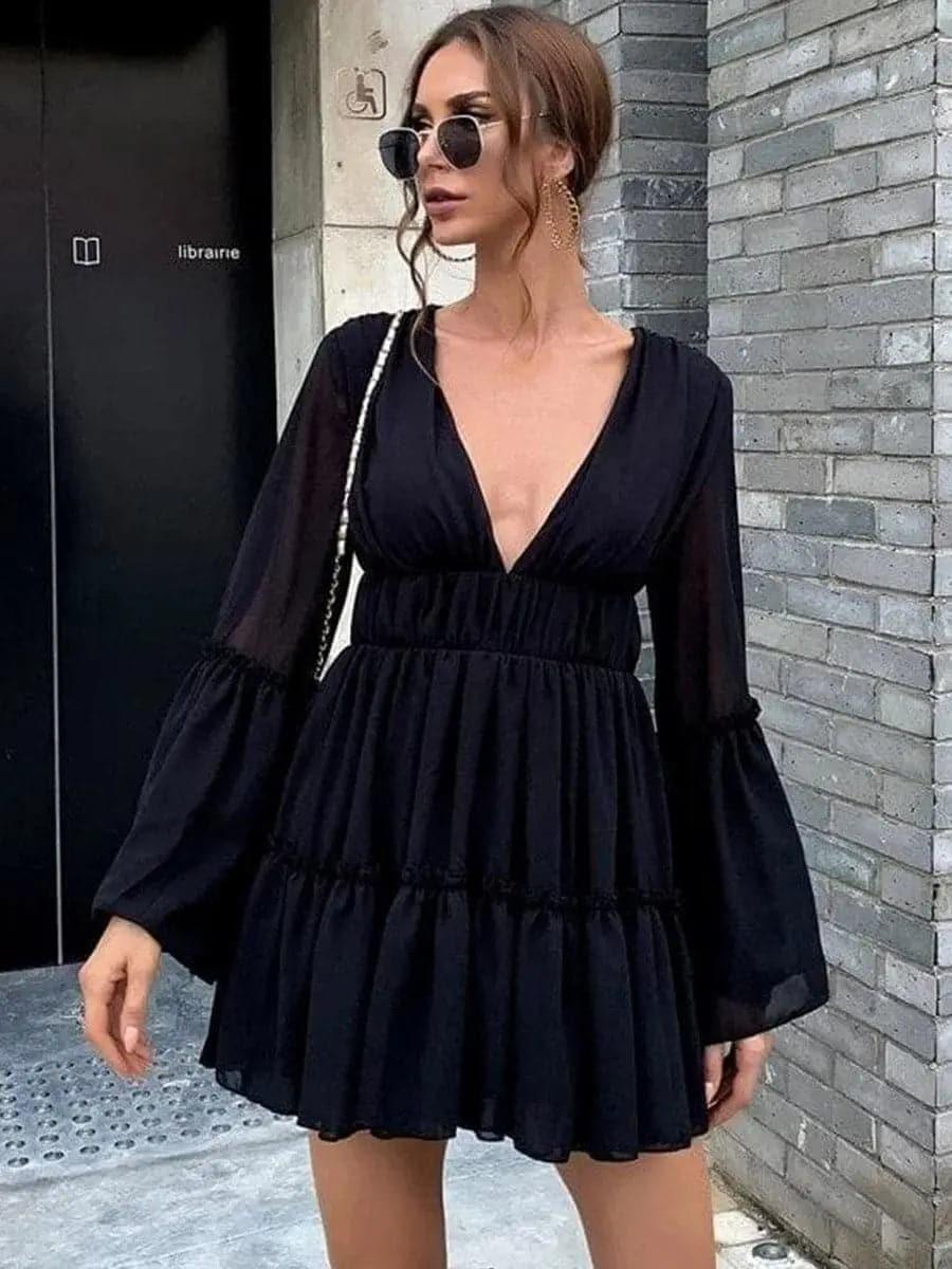 White V-neck Ruffle Hem Vacation Dress