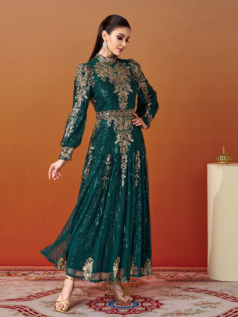 Lantern Sleeve Sequin Maxi Dress