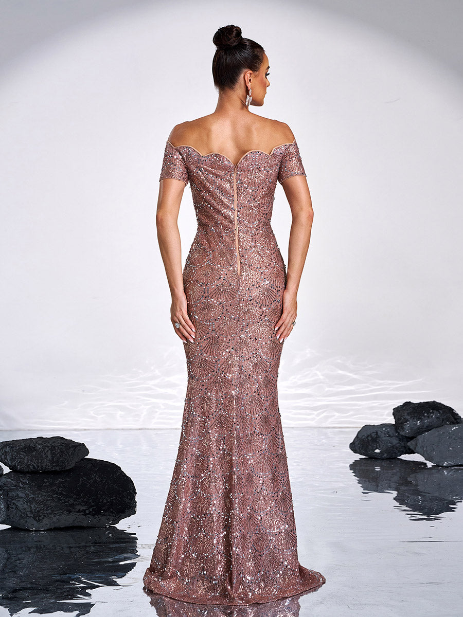 Ruffle Neck Black Sequin Evening Dress