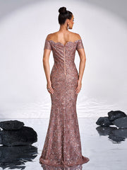 Ruffle Neck Black Sequin Evening Dress