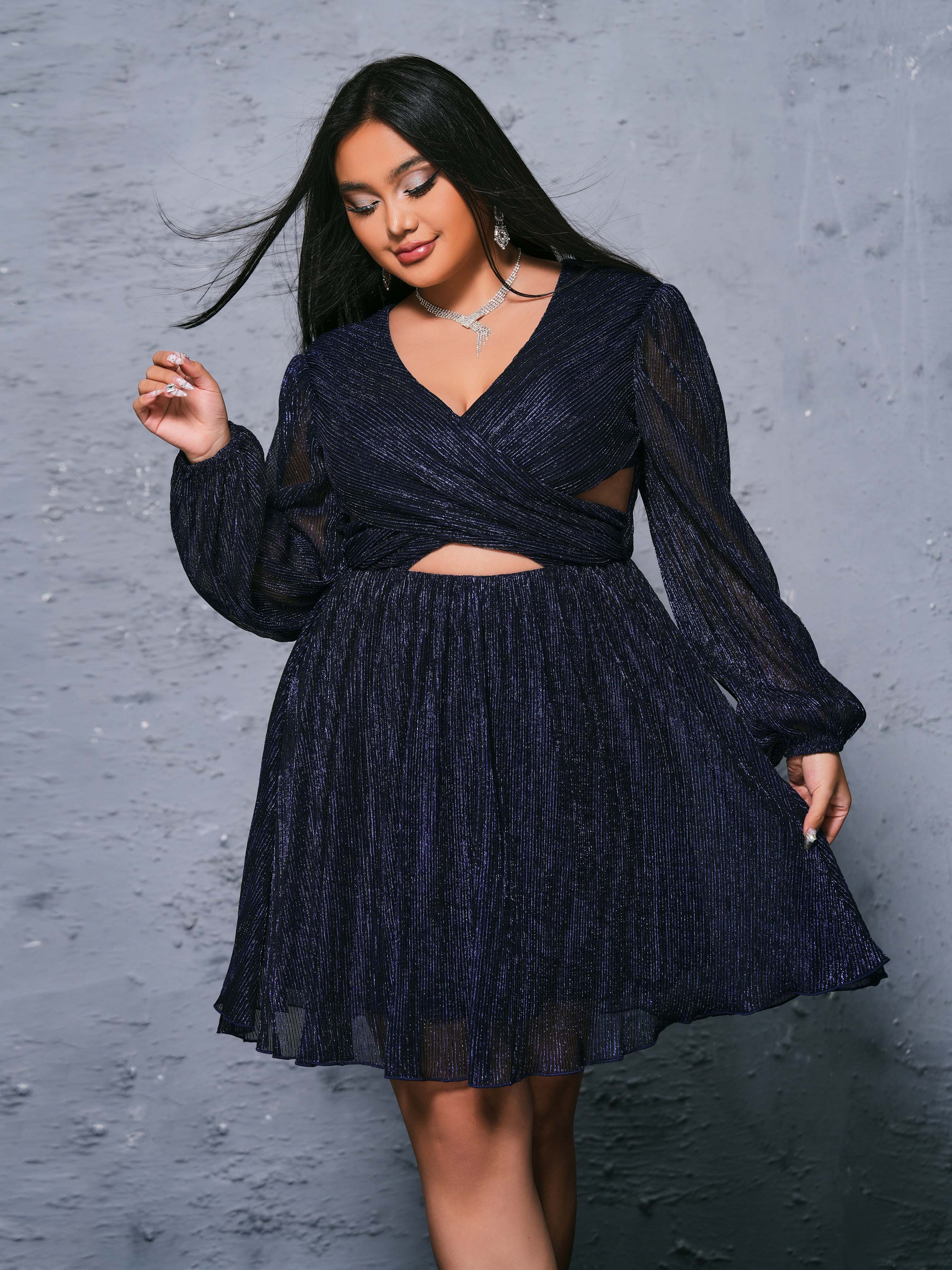 Plus Cutout V-neck Pleated Mini Dress