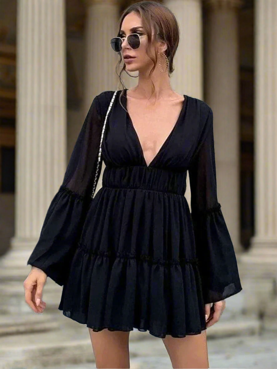 White V-neck Ruffle Hem Vacation Dress