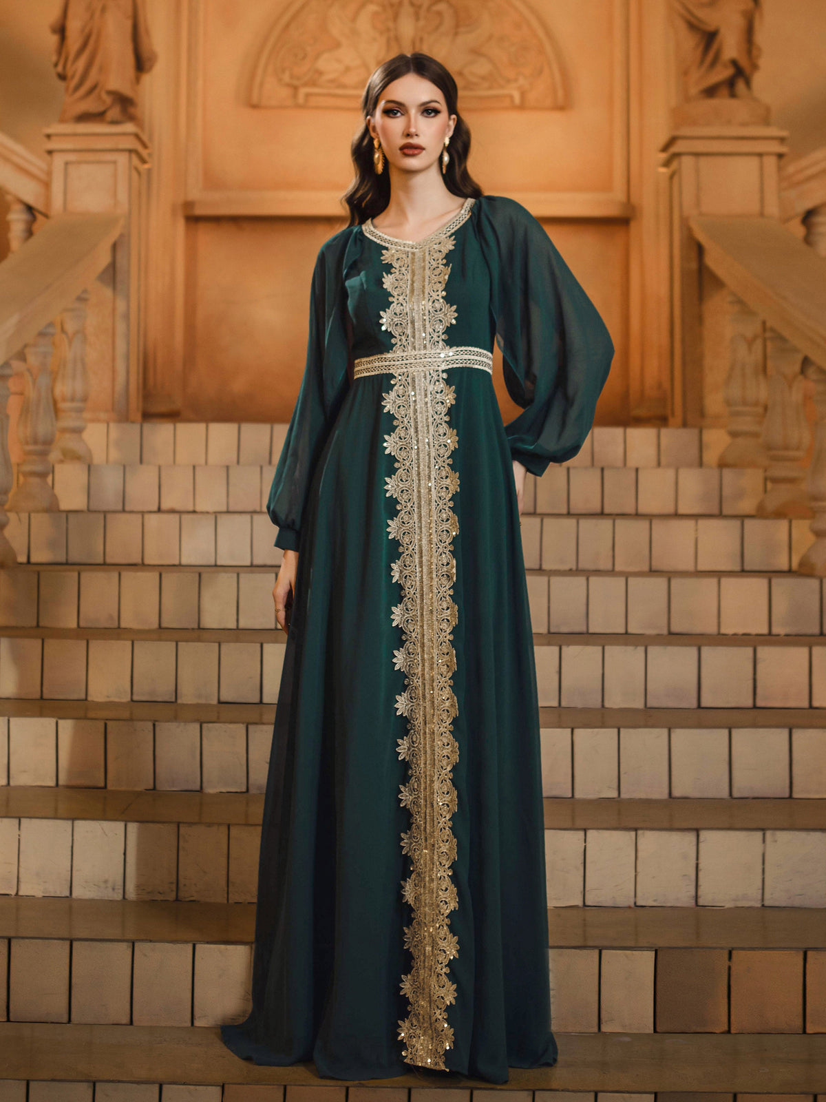 Green Long Sleeve A-line Muslim Dress