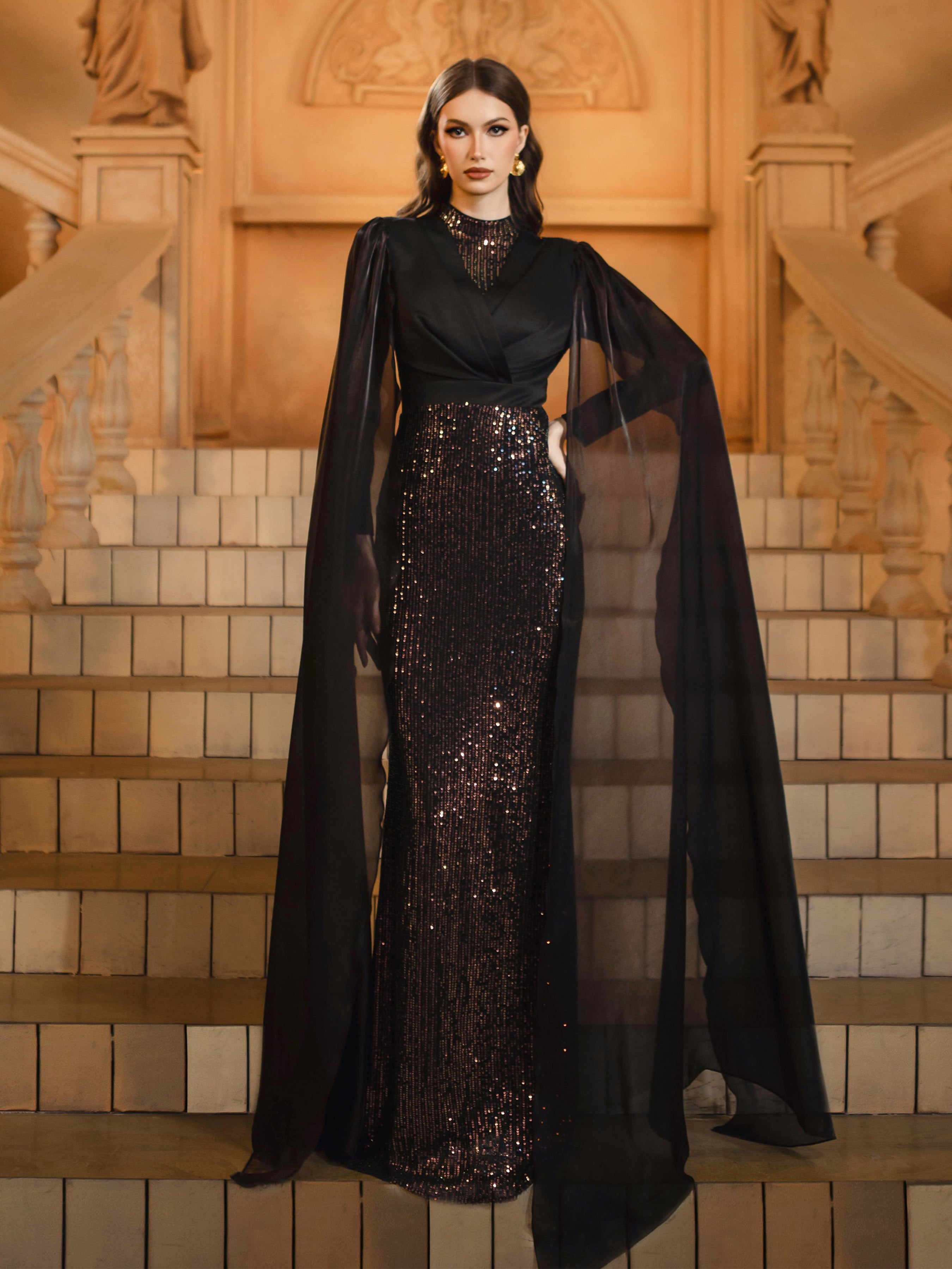 Black Sequin Panel Elegant Prom Dress