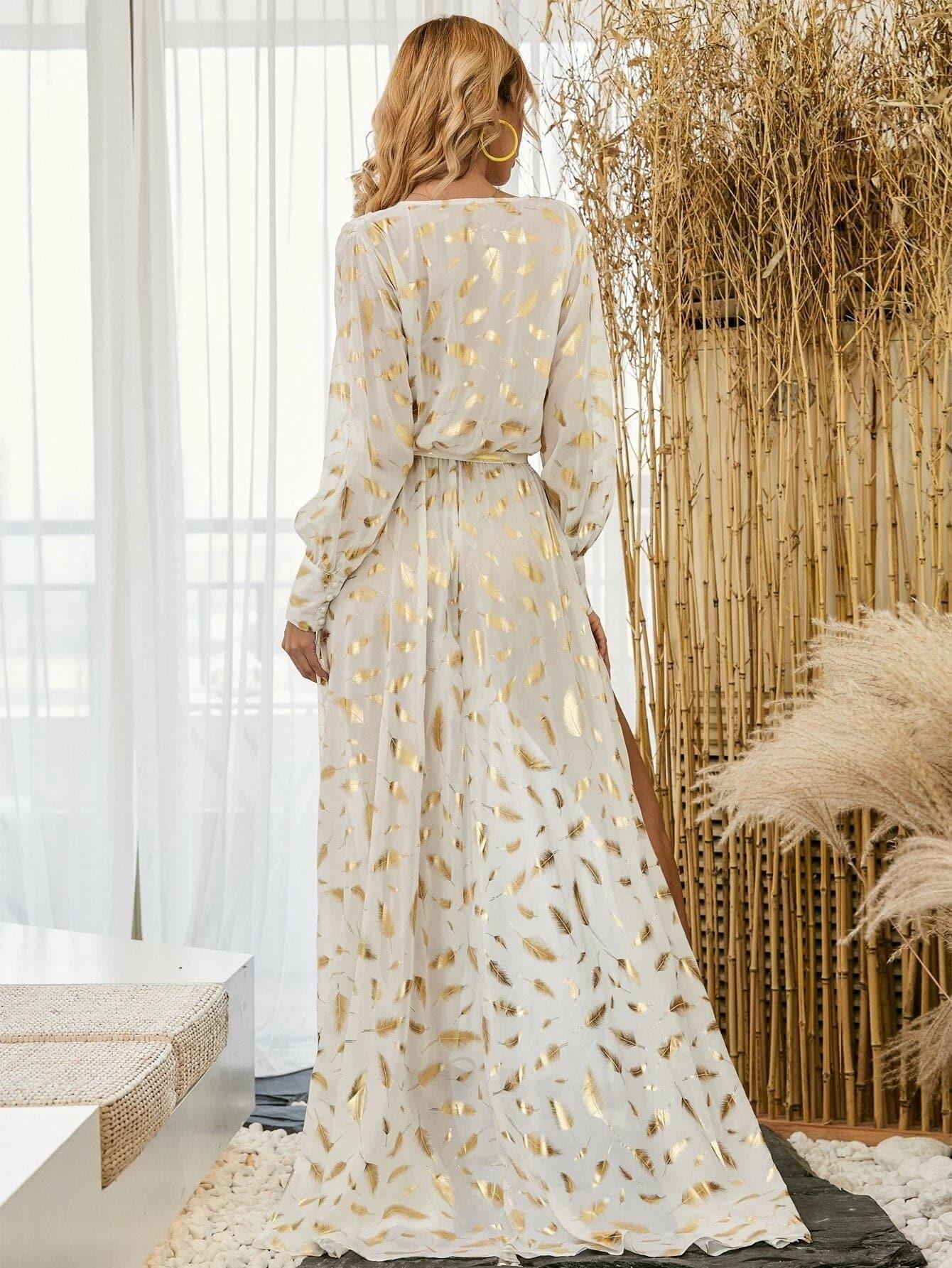 Surplice Neck Belted Split Thigh Gold Maxi Dress