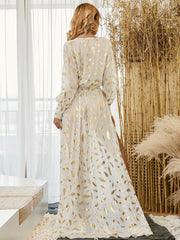 Surplice Neck Belted Split Thigh Gold Maxi Dress