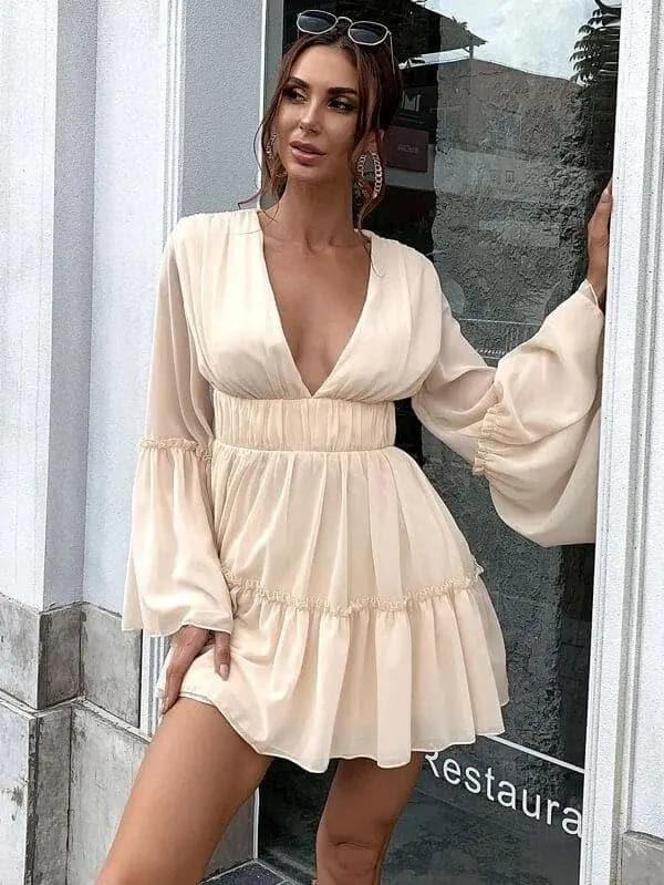 White V-neck Ruffle Hem Vacation Dress