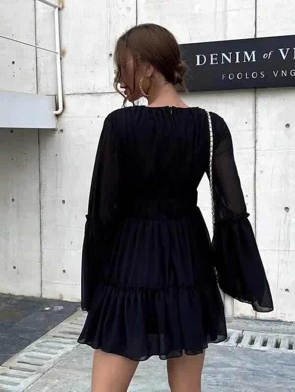 White V-neck Ruffle Hem Vacation Dress