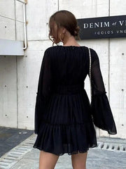 White V-neck Ruffle Hem Vacation Dress