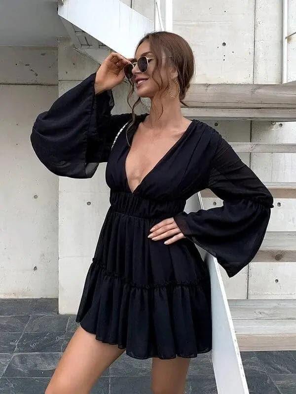 White V-neck Ruffle Hem Vacation Dress