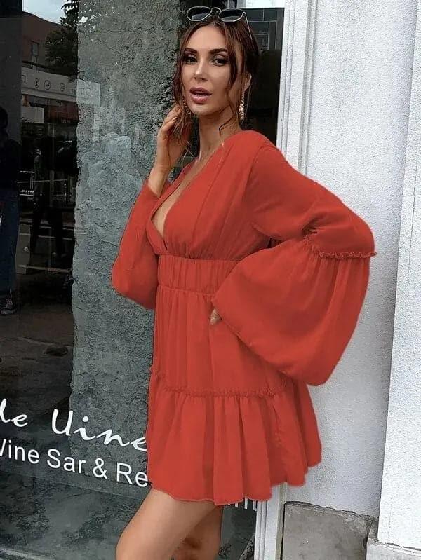 White V-neck Ruffle Hem Vacation Dress