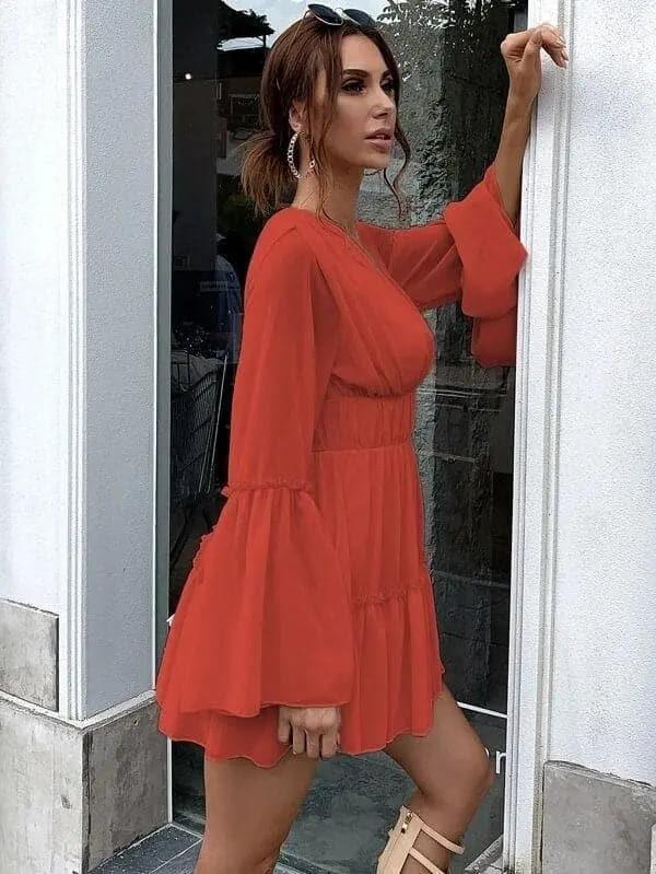 White V-neck Ruffle Hem Vacation Dress