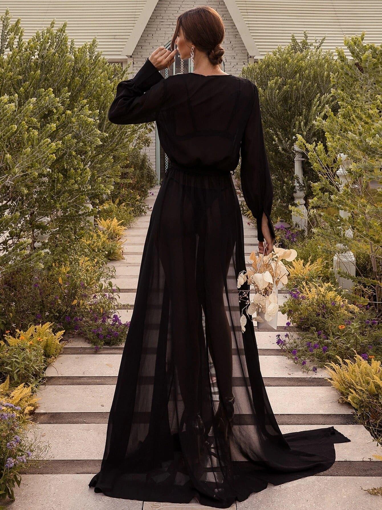 Surplice Neck Belted Split Thigh Gold Maxi Dress