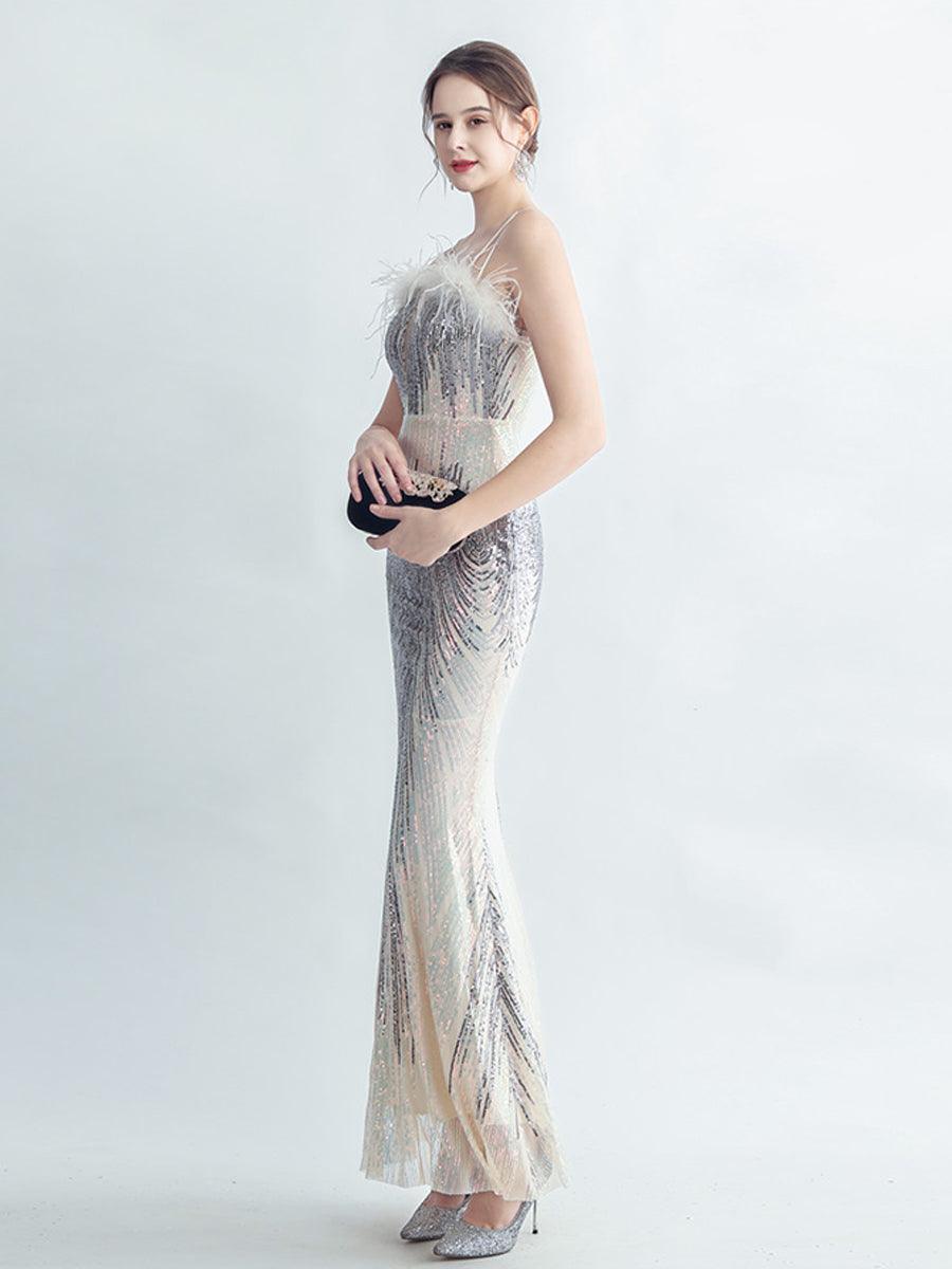 Spaghetti Straps Feather Gradient Sequin Dress