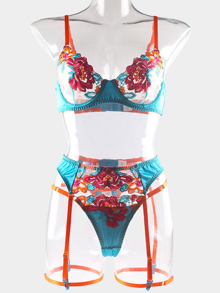Satin Applique Underwire Lingerie 3 Piece Set