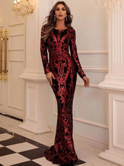 Damask Red Sequin Mermaid Hem Prom Dress