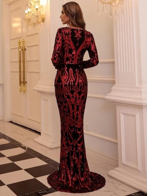 Damask Red Sequin Mermaid Hem Prom Dress