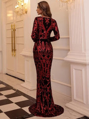 Damask Red Sequin Mermaid Hem Prom Dress