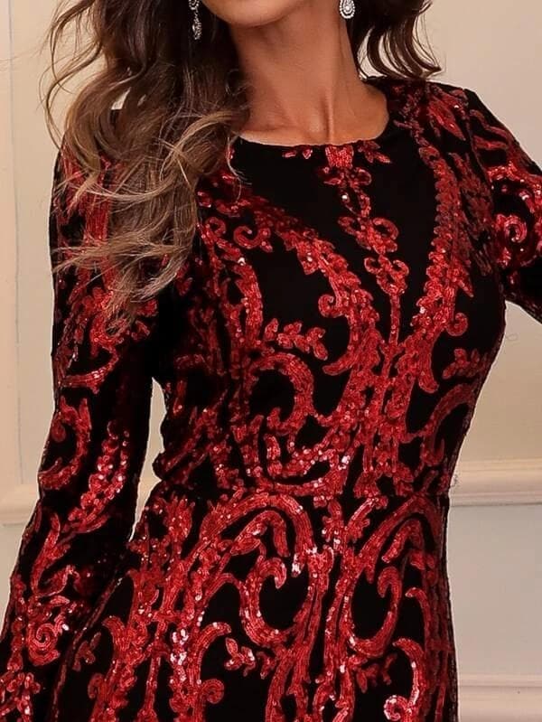 Damask Red Sequin Mermaid Hem Prom Dress