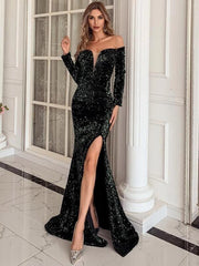 Off Shoulder Mesh Insert Split Sequin Prom Dress